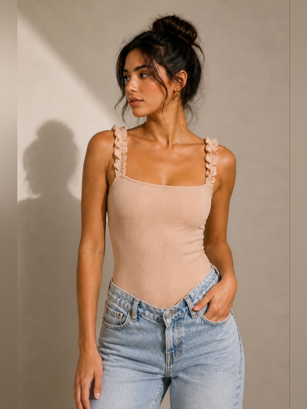 21 Saints Neutral Nude Ribbed Ruffled Bodysuit L NEW